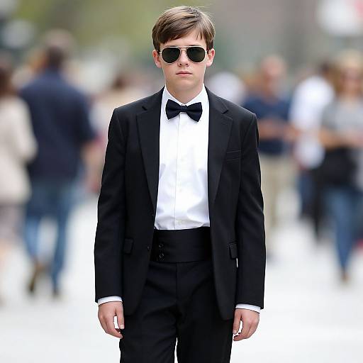 Photograph of a young, fair-skinned man with brown hair, wearing black sunglasses, a black tuxedo, white shirt, and black bow