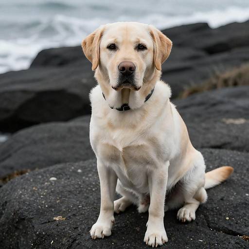 Calm Yellow Labrador on Rocky Shore