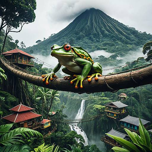 Giant Frog on Tree Bridge in Misty Rainforest