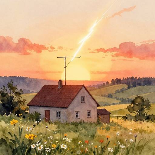 Vintage Watercolor Cottage Lightning Rod