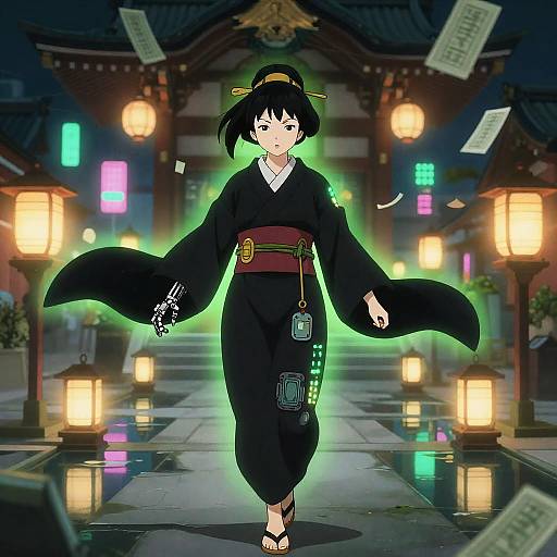 Neon Shrine Maiden with Cyber Talismans