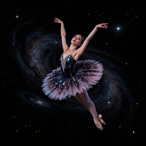 Photograph of a ballet dancer in a sparkly blue and silver tutu, floating in a starry, galaxy-like background with swirling nebulae