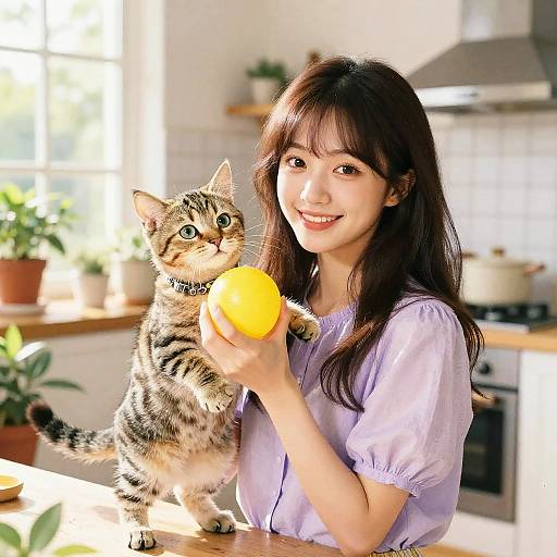 Asian woman with long brown hair, wearing a lavender shirt, smiles while holding a yellow apple and a tabby cat. Bright kitchen background. Photograph.