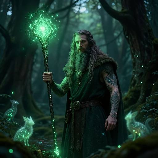Magical forest scene: bearded man with long hair, fur-cloaked dark robe, holding glowing green staff, surrounded by ethereal green creatures