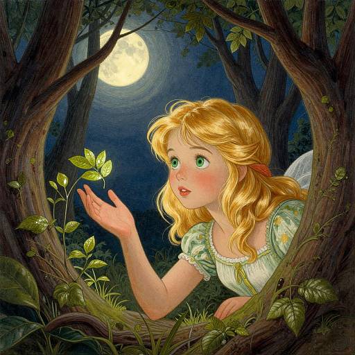 Digital illustration: Blonde fairy with green eyes, wearing a green dress, reaches for a glowing leaf under a full moon in a dark, enchanted forest.