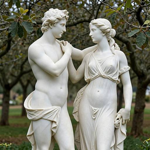 Photograph of a white marble statue depicting a nude, muscular male and a draped, graceful female, standing closely in a leafy garden.
