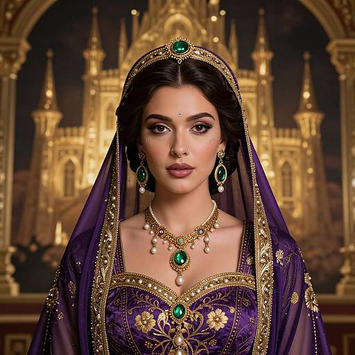 Photograph-style digital artwork of a beautiful Indian woman in elaborate, purple and gold traditional wedding attire with green gemstone jewelry, set against a golden palace