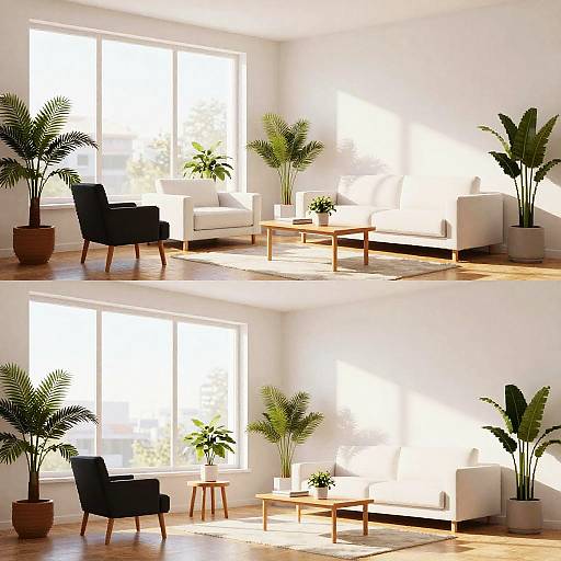 Bright, minimalist living room with white walls, large windows, potted plants, black armchair, white sofa, wooden coffee table, and natural light