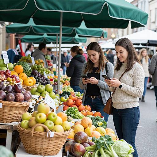 Photograph of two young women with long brown hair, wearing casual sweaters and jeans, standing at an outdoor market, checking their phones among colorful baskets