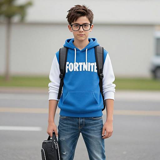 Photograph of a young boy with short brown hair, black glasses, wearing a blue and white 