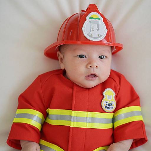 Photograph of a chubby baby with fair skin, wearing a red firefighter helmet and matching red shirt with yellow stripes, lying against a white background.