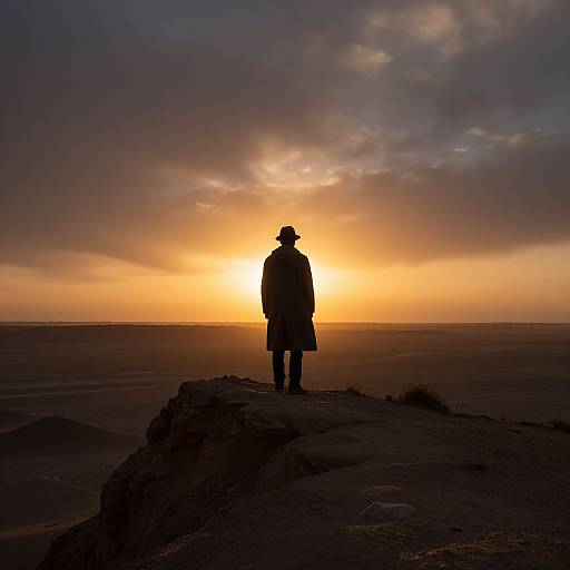 Silhouetted person in a long coat and hat stands on rocky cliff, facing vibrant sunset over vast ocean horizon. Photograph.