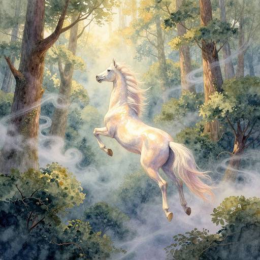Digital painting of a radiant white unicorn rearing up in a misty forest, sunlight filtering through tall trees, with ethereal smoke swirling around.