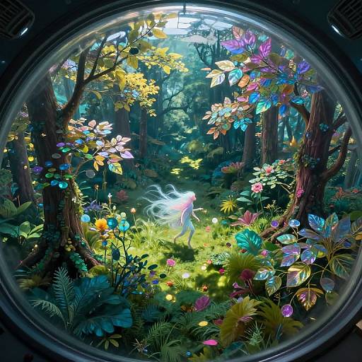 Digital fantasy artwork: A vibrant, glowing fairy stands in a colorful, enchanted forest with glowing flowers and multicolored leaves, viewed through a circular lens