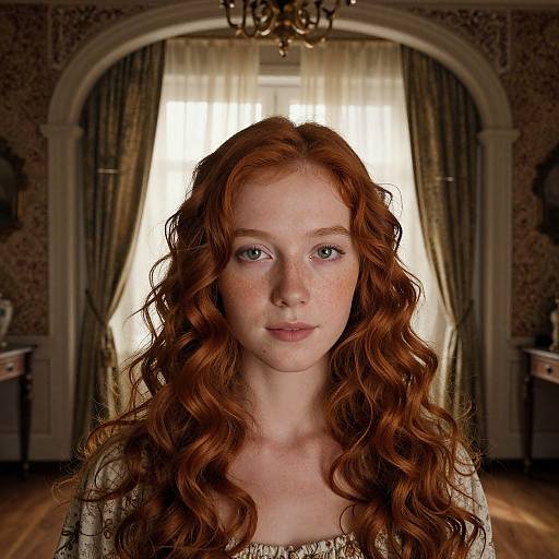 Photograph of a freckled red-haired woman with long curly hair, blue eyes, and neutral expression, standing in a vintage room with arched