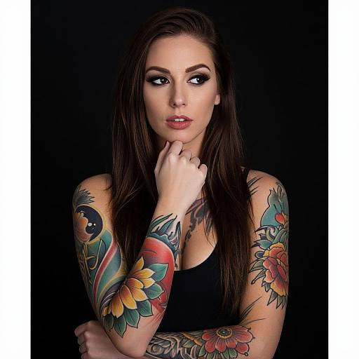 Photograph of a woman with long dark hair, black tank top, and colorful tattoos on her arms, against a black background. She gazes int