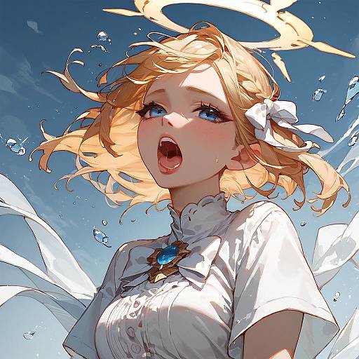 Anime Girl Screaming with Halo and White Ribbon