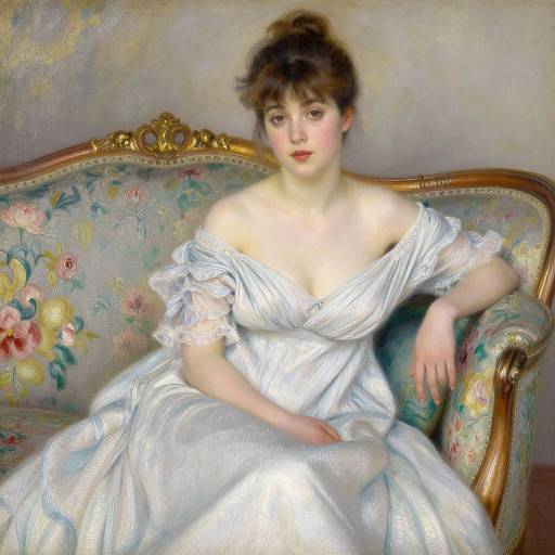 Victorian-style painting of a fair-skinned woman with brown hair in an updo, wearing an off-shoulder, white satin dress, seated