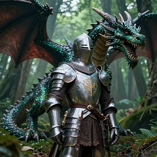 Photorealistic CGI of armored knight in silver armor facing fierce, green-scaled dragon with red wings in a forest. Knight's chest plate features a