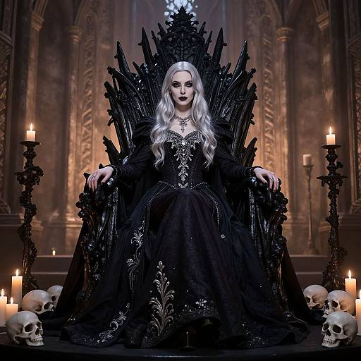 Digital artwork of a pale-skinned, silver-haired woman with dark makeup, wearing a black, ornate gown, seated on a gothic, spiked