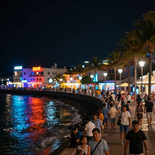 Nighttime photograph of a bustling waterfront promenade with colorful neon lights, palm trees, and diverse crowd walking along the dark, reflective water.