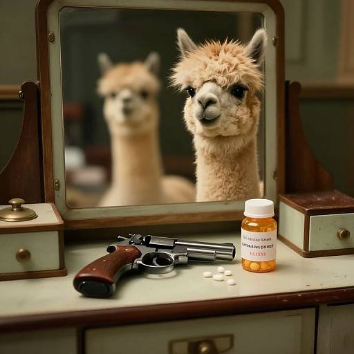 Photograph of a fluffy llama's reflection in a mirror, with a revolver, brown bottle labeled 
