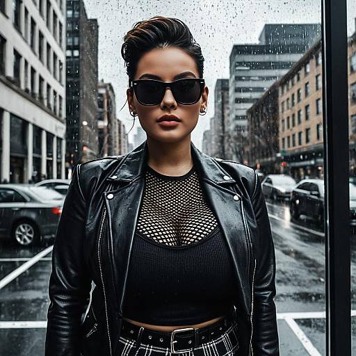 Woman in Leather Jacket and Sunglasses in Urban Rain
