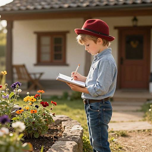 Child Sketching by Countryside Cottage