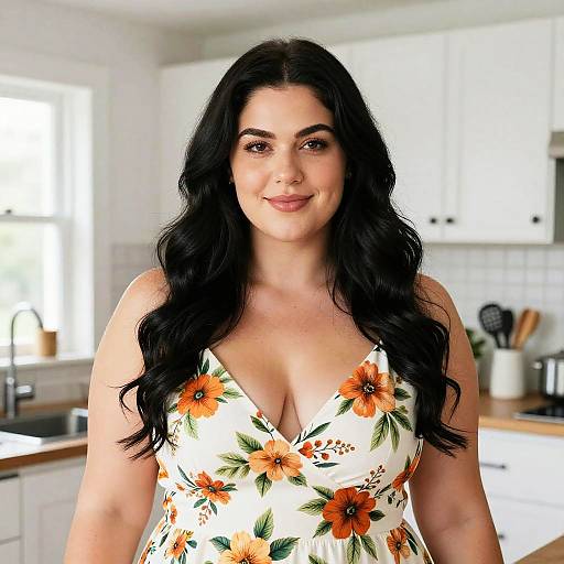 Photograph of a curvy, fair-skinned woman with long black hair, wearing a white floral dress with orange flowers, standing in a bright,