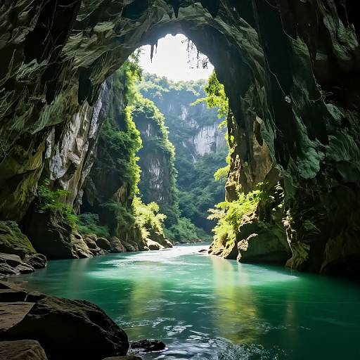 Sunlit Turquoise River in Limestone Cavern