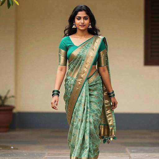 Photograph of a confident Indian woman with long black hair, wearing a green and gold sari with gold bangles, walking on a stone-paved