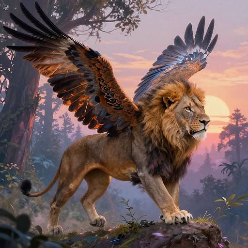 Digital artwork of a majestic lion with large, black-feathered wings, standing on a rock in a misty forest during a pink and orange sunset