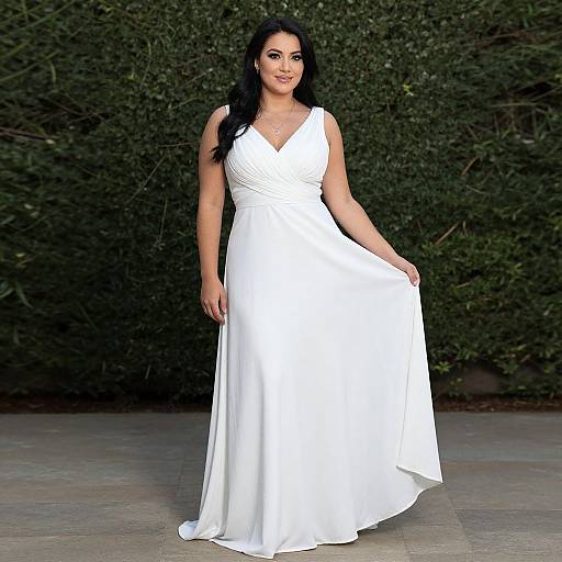 Photograph of a smiling woman with long black hair wearing a sleeveless, white, V-neck, floor-length satin gown, standing against a dense green
