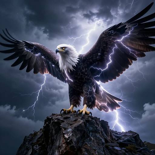 Digital art of a fierce bald eagle with electrified feathers, standing on a rocky peak, lightning bolts illuminating a stormy sky.