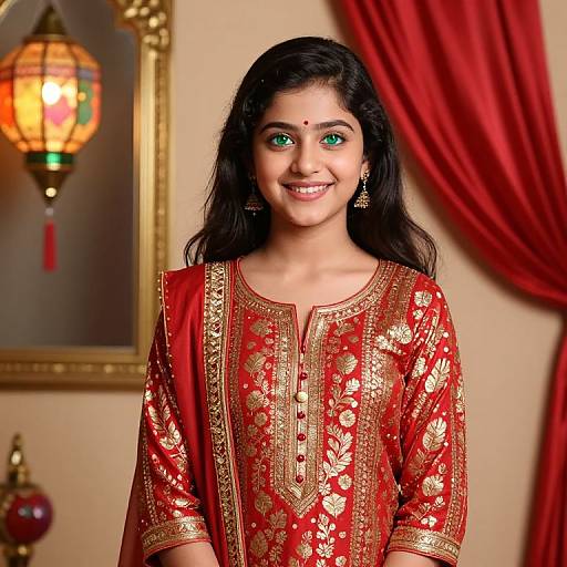 Photograph of a smiling South Asian woman with green eyes, wearing a red and gold embroidered traditional kurta, standing in an ornately decorated room with