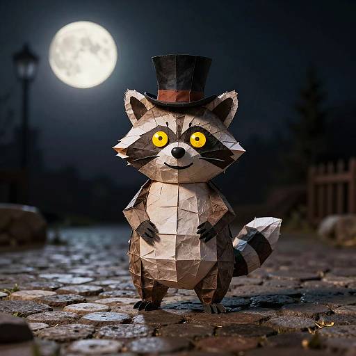 Photograph of a paper-crafted raccoon with bright yellow eyes, wearing a black top hat, standing on a cobblestone path under a glowing