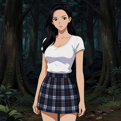 Digital anime-style drawing of a fair-skinned woman with long black hair, wearing a white t-shirt and blue plaid skirt, standing in a dark