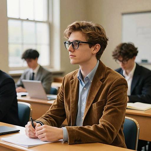 Photograph of a young man with curly brown hair, black-framed glasses, brown corduroy blazer, writing in a classroom, with blurred