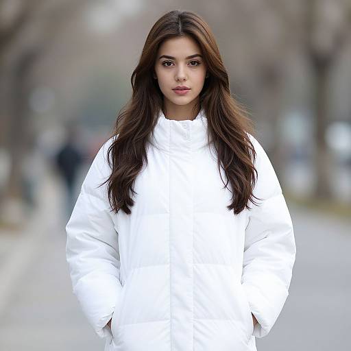 Photograph of a young woman with long, wavy brown hair, wearing a white, puffy coat, standing in a blurred urban park.