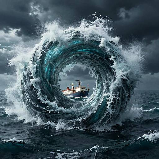 Photograph-style digital artwork of a small white ship trapped in a massive, swirling, turbulent blue and white ocean wave under a dark, stormy sky