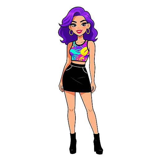 Digital drawing of a confident woman with purple hair, wearing a colorful tie-dye top, black skirt, and black ankle boots.