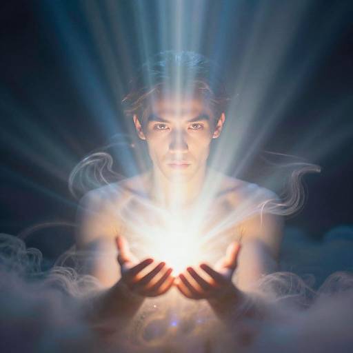 Photograph of a woman with glowing blue light rays emanating from her hands, holding a bright white orb, surrounded by mist.