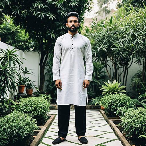 Photograph of a bearded man in a white traditional long kurta, standing in a lush, green garden with potted plants and a tiled pathway