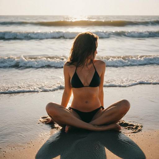 Woman Sitting on Beach in Black Bikini