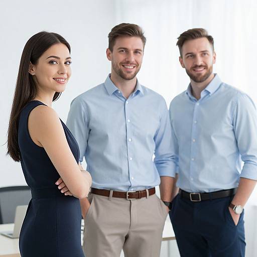 Photograph of a smiling woman in a black sleeveless dress standing with two smiling men in light blue shirts and beige pants. Bright office background.