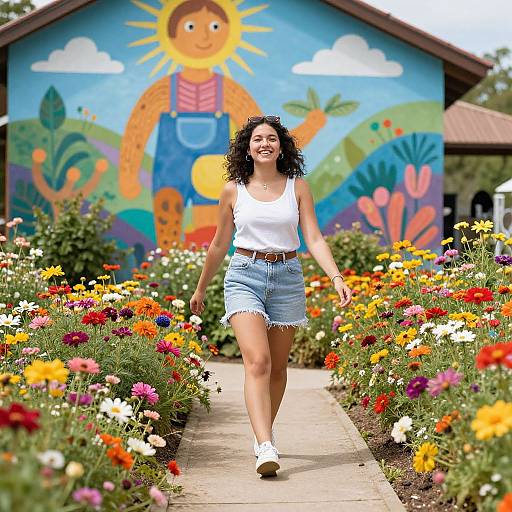 Joyful Woman on Vibrant Flower Pathway