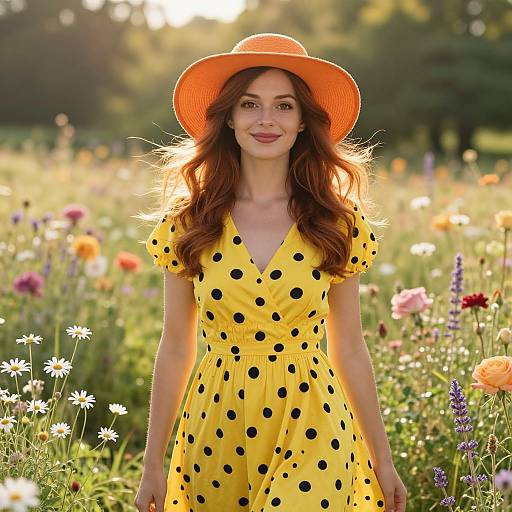 Photograph of a smiling woman with long red hair, wearing a bright yellow polka-dot dress and orange sunhat, standing in a sunlit me