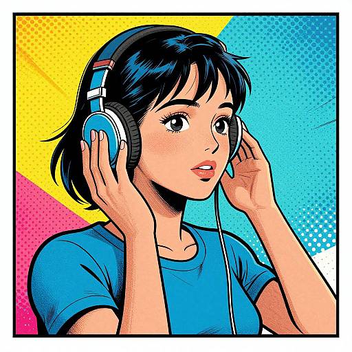 Digital pop art portrait of a young woman with short black hair, wearing blue headphones and a blue shirt, against a colorful gradient background.