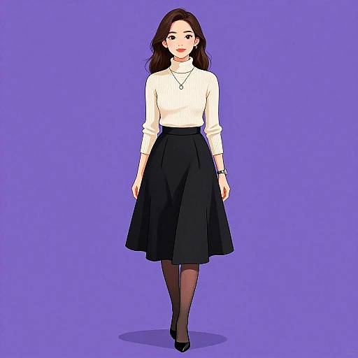 Digital illustration of an Asian woman with long brown hair, wearing a white blouse, black skirt, black tights, and black heels, against a solid