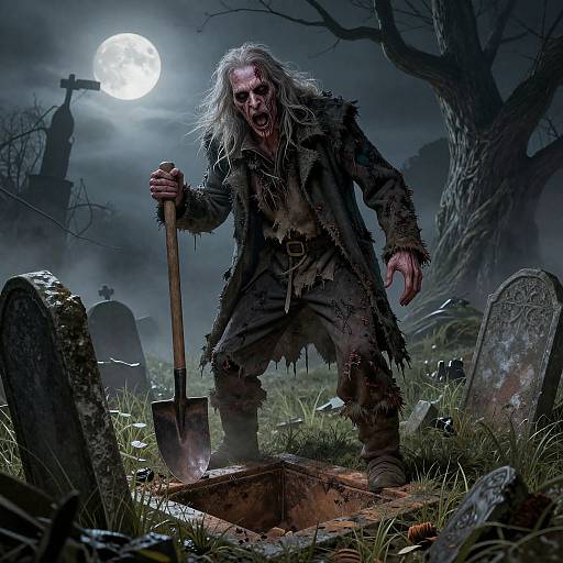 Photorealistic digital art of a menacing, long-haired, tattered undead figure with pale skin, digging a grave under a full moon in a dark